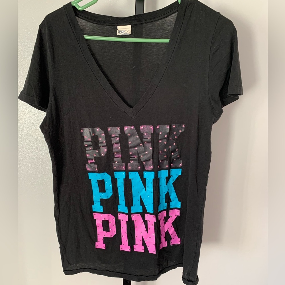 PINK Victoria's Secret Black V-Neck Tee with Pink & Blue Logo